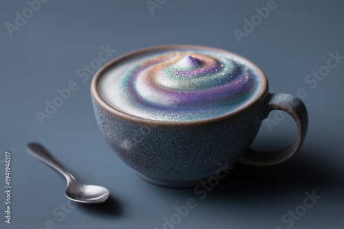 Colorful drink with swirls in a cup placed on a simple table
