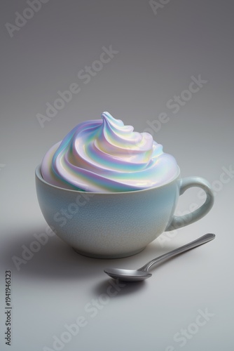 Swirl of colorful cream in a cup placed beside a silver spoon on a light background