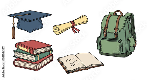 A sketch includes a graduation cap, diploma scroll, backpack, books, and an open book, representing academic milestones and education.