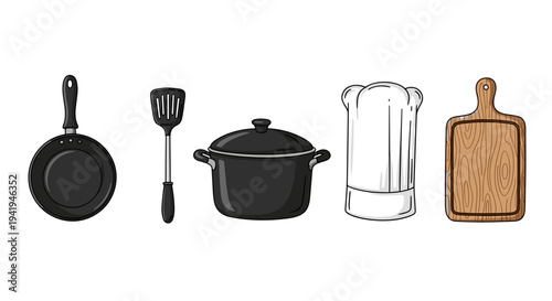 A vibrant assortment of essential kitchen cooking tools and culinary wear, featuring a frying pan, spatula, pot, chef's hat, and cutting board.