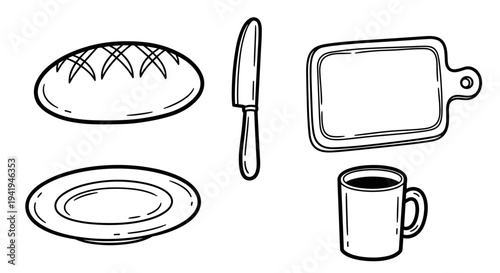 A simple black and white line art illustration showcasing common breakfast items and kitchenware, ready for a cozy meal.