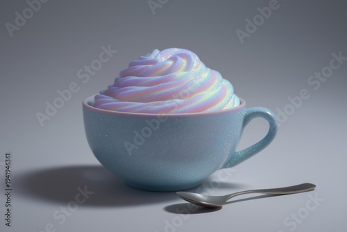 Cup filled with fluffy cream sits on a grey surface next to a spoon in soft light