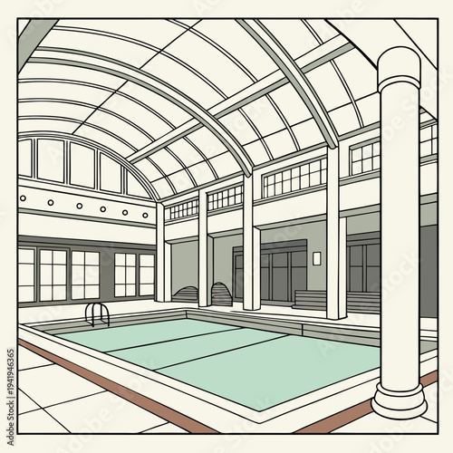 Indoor swimming pool with vaulted ceiling and columns