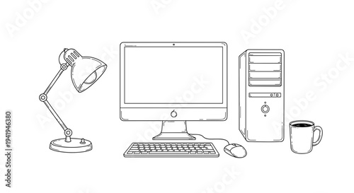 A complete desktop computer workstation setup, including a monitor, keyboard, mouse, tower, desk lamp, and a coffee mug.