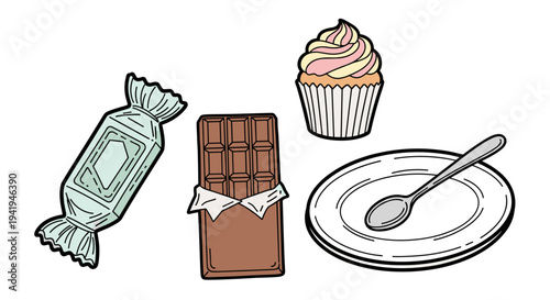 A sweet assortment of delicious dessert treats and simple tableware, featuring candy, a chocolate bar, and a cupcake.