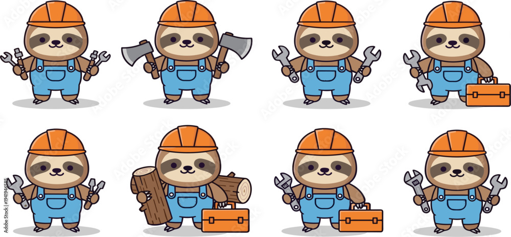 Fototapeta premium Construction Sloth Sticker Set with Tools, Hard Hats, and Various Poses for Kids' Design and Illustration