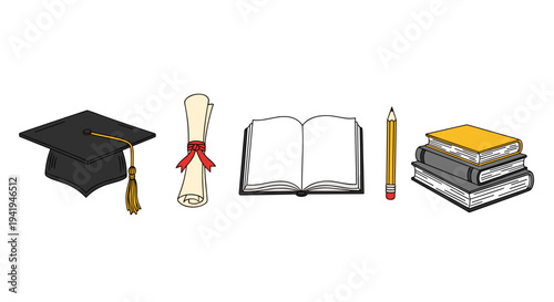 A symbolic hand-drawn illustration depicting the journey and achievement of education, featuring a graduation cap, a rolled diploma, an open book, a pencil, and stacked textbooks.
