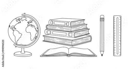 A foundational hand-drawn illustration portraying classic educational elements, including a world globe, a substantial stack of books, an open book, a pencil, and a ruler.