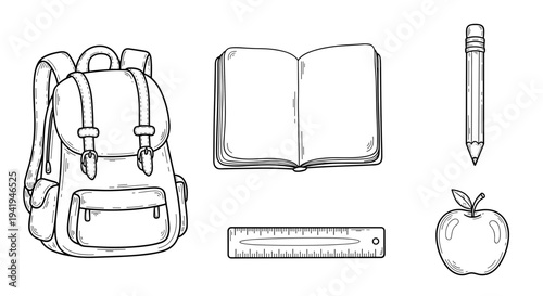 A quintessential hand-drawn illustration of essential school supplies, depicting a backpack, an open book, a ruler, a pencil, and a healthy apple, ready for learning.