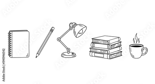 A classic hand-drawn illustration of an ideal study or work setup, featuring a spiral notebook, a pencil, a desk lamp, a stack of books, and a warm cup of coffee.
