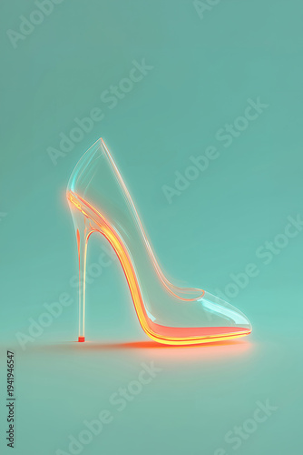 Clear high heel shoe on a blue background with glowing edges and a simple design showing modern fashion trends
