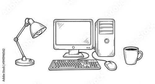 This classic hand-drawn illustration depicts a traditional desktop computer setup, featuring a monitor, tower, keyboard, mouse, a desk lamp, and a coffee mug.