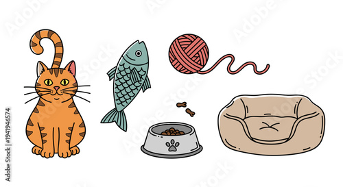 An adorable orange tabby cat with essential pet care items: fish toy, food bowl, red yarn, and a cozy cat bed.