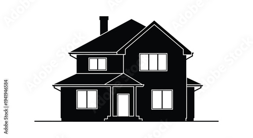A striking black silhouette of a two story house with a gabled roof windows and a chimney silhouette