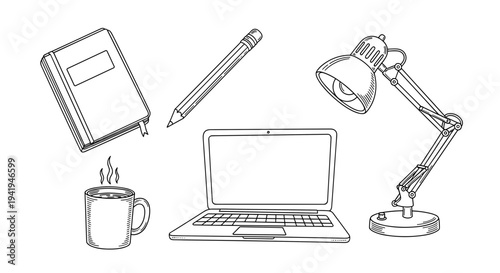 A monochrome illustration presents essential work-from-home items: a notebook, pencil, steaming coffee mug, laptop, and an adjustable desk lamp.
