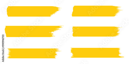 Yellow paint brush stroke banner set. Rough marker highlight strip texture vector.