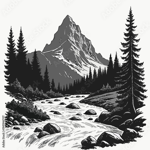 Black and white mountain landscape with pine trees and rushing river