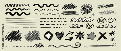 Hand drawn doodle design elements, charcoal or pencil drawn punctuation marks.