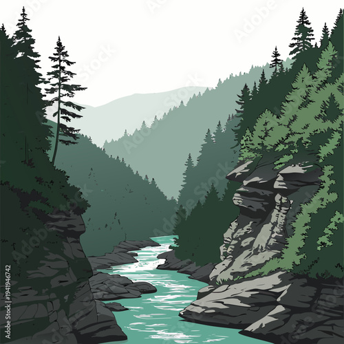 Highly detailed of forested mountain gorge with river