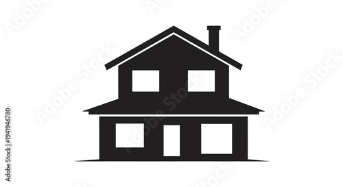 A stark black house icon with a pitched roof and rectangular windows depicted as a silhouette
