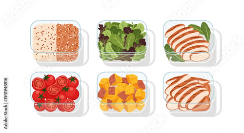 Healthy meal prep containers with diverse ingredients for balanced diet planning