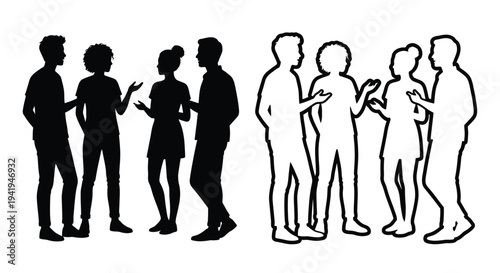 Groups of people interacting and conversing depicted as a silhouette