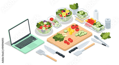 Healthy cooking preparation with salads and laptop on kitchen counter