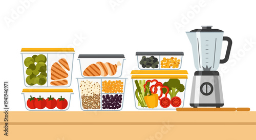 Organized kitchen counter with fresh ingredients and blender for healthy meal prep