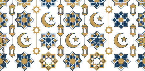 Ramadan Celebration Pattern: A repeating pattern featuring crescent moon, star, lantern, and intricate geometric designs.