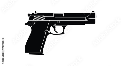 A stark black silhouette of a semi automatic handgun presented against a plain white background silhouette