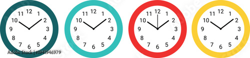 Colorful analog clocks with different times and borders in green, blue, red, and yellow, educational illustration for learning time, teaching materials, and creative design projects