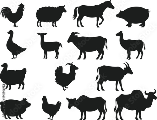 Farm animals silhouette set including rooster, sheep, horse, pig, cow, goat, duck and buffalo, black livestock icons isolated on light background agriculture collection