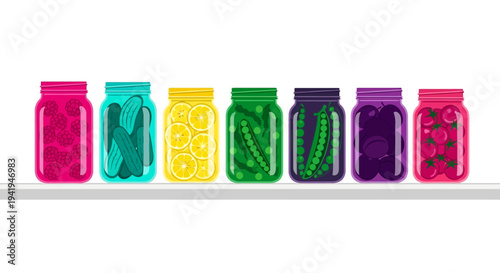 Colorful jars of fruits and vegetables on shelf in flat design