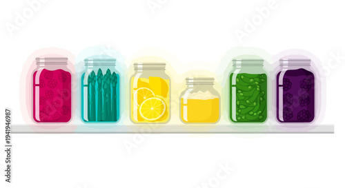 Colorful glass jars of pickled fruits and vegetables on shelf with vibrant glow