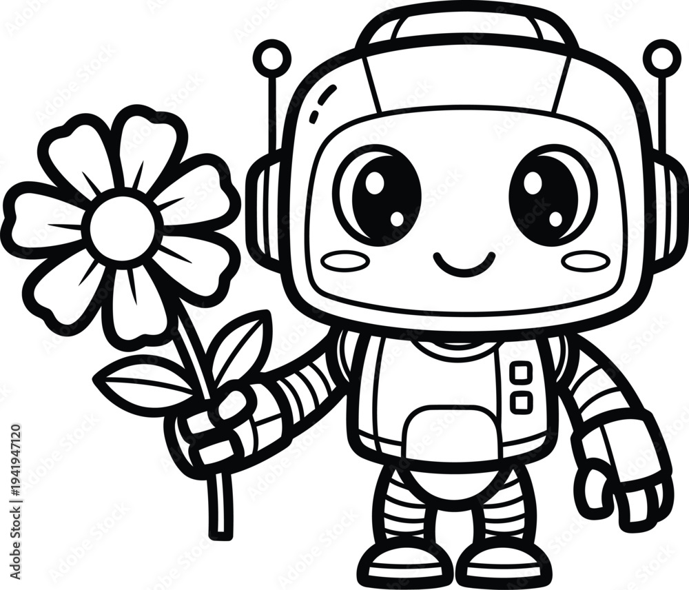 Fototapeta premium A cartoon astronaut holding a flower in a friendly pose