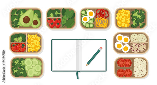 Healthy meal prep: diverse lunchbox ideas with fresh ingredients and notebook
