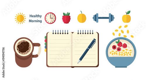 Morning routine icons with breakfast, exercise, and healthy lifestyle elements