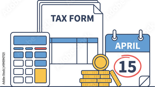 Tax Day: Visual representation of tax day. A tax form, calculator, calendar and gold coin arranged, symbolizing the complexity and deadline of tax filings.