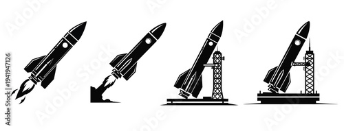 Illustrations of rockets in various stages of launch and on a launchpad