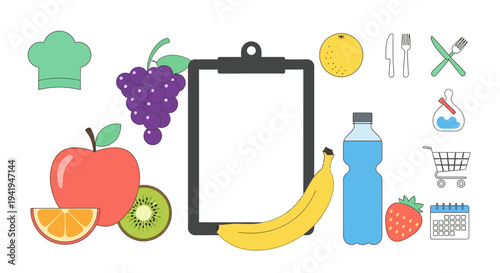 Colorful food and drink elements with clipboard for meal planning and nutrition