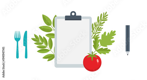 Minimalist menu design with fresh herbs and tomato on clipboard