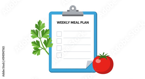 Weekly meal plan checklist with fresh tomato and parsley on clipboard