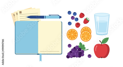 Healthy lifestyle essentials: journal, fruits, and hydration for balanced living