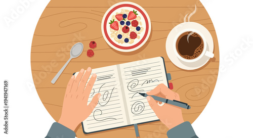 Morning routine with journal, coffee, and berry oatmeal on wooden table