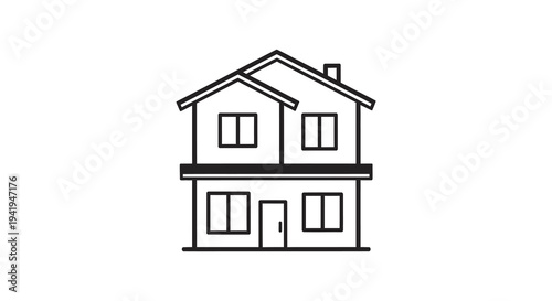 Simple black and white illustration of a two story house with a porch a distinctive silhouette