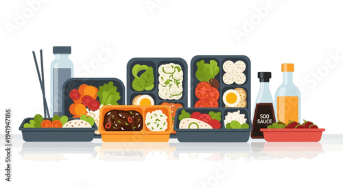 Assorted japanese bento boxes with sushi and sashimi in flat design