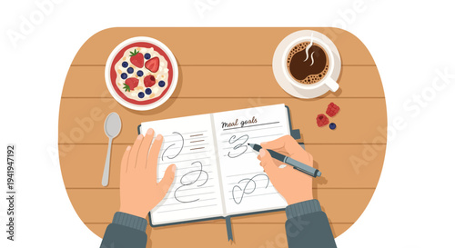 Setting meal goals: writing in journal on table with coffee and berry bowl