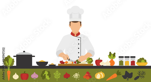 Chef cooking with fresh ingredients in flat design kitchen scene