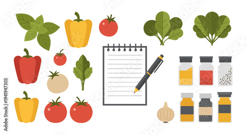 Culinary ingredients and cooking tools: fresh vegetables, spices, and notebook
