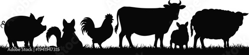 Farm animals silhouettes on grass including pig, dog, rooster, cow, goat and sheep, black livestock scene isolated on light background agriculture concept